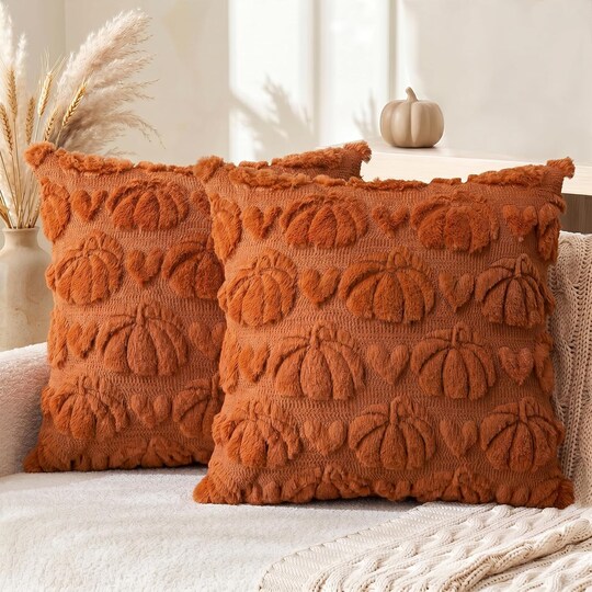 Greentek; Fall Pumpkin Heart Throw Pillow Covers Set of 2 (18x18) – Caramel Autumn Thanksgiving Harvest Soft Plush Faux Fur Jacquard Cushion Cases for Sofa, Couch & Home Decor; Category:Fall Pillows & Blankets; Image:1